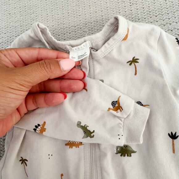 FIRSTS by petit lem Cream + Green Dinosaur Print Zippered Footed Sleeper 6 Month - Picture 3 of 6